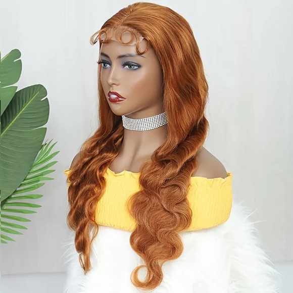 Turmeric Colored 150% Density 4x4 Lace Front Human Hair Body Wave Wig in 28” - Picture 5 of 8